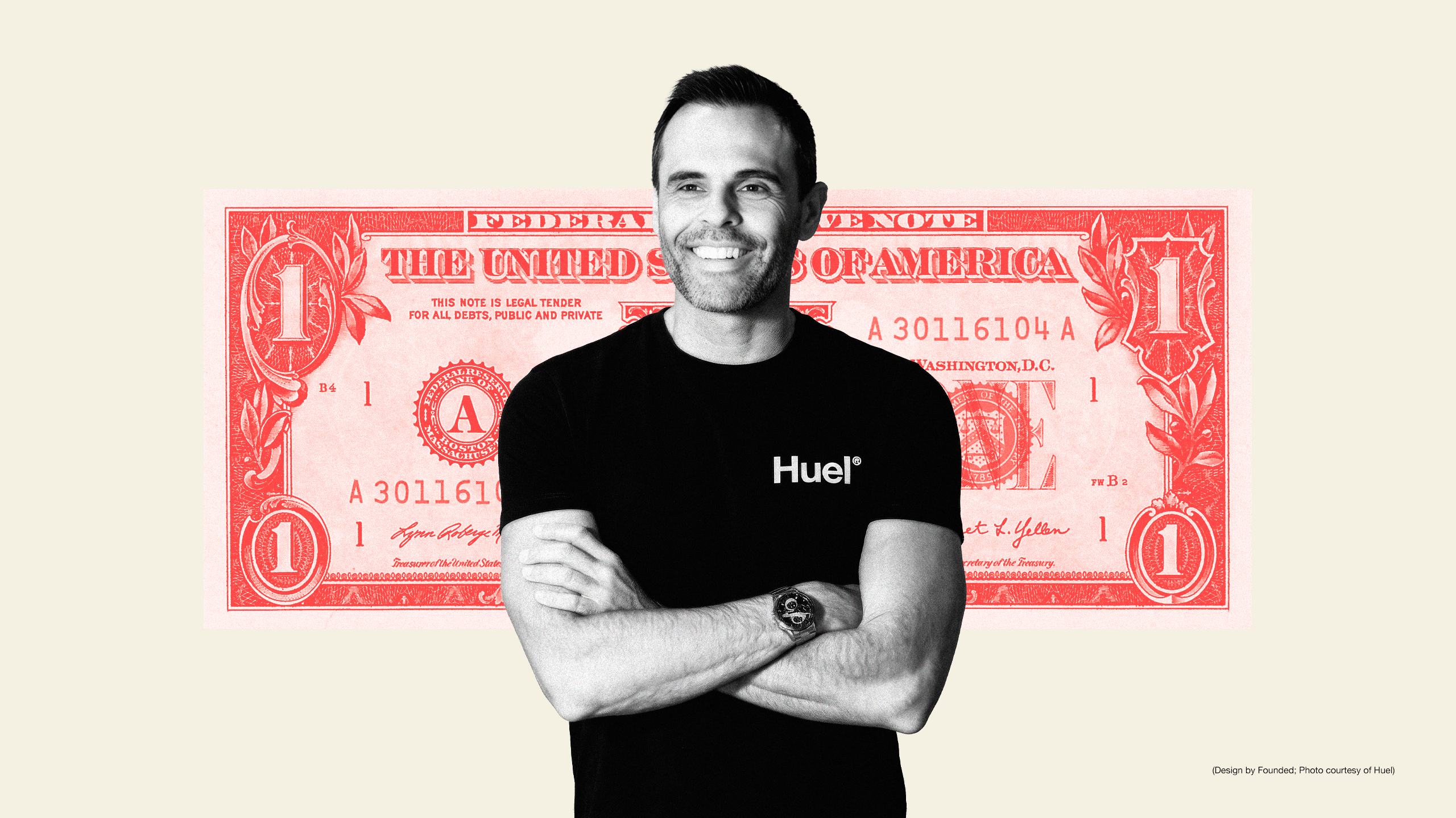 Black and white cut out image with red dollar bill behind Julian Hearn, co-founder of Huel