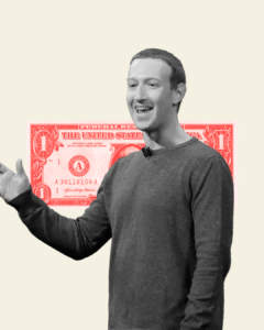 Black and white image of Mark Zuckerberg in front of a red US dollar bill
